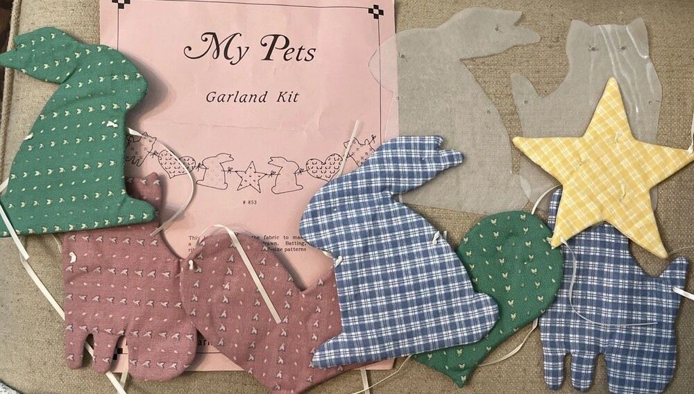 Country Animals~Bunny/Cat/Heart For 6” My Pets Garland Kit Calico Cotton Fabric